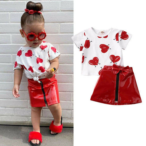Citgeett Summer Toddler Kid Baby Girl Valentine's Day Clothes Love Top T-shirt Leather Skirt Red Outfit Sweet Set Clothing