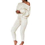 2020 New Womens Ladies Solid Off Shoulder Cable Knitted Warm Loungewear