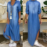Cowboy Dress Women Fashion Blue Side Split Ankle Length Long Maxi Dress