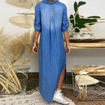 Cowboy Dress Women Fashion Blue Side Split Ankle Length Long Maxi Dress
