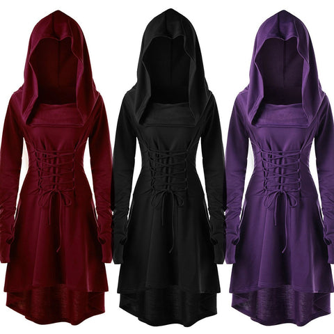 #Z35  Vintage Gothic Style Dress Women Lace Up Hooded Pullover Shirt Dress