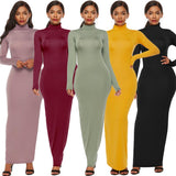 S-5XL Plus Size Party Solid Color Women Long Sleeve Turtleneck Bodycon Maxi Dress