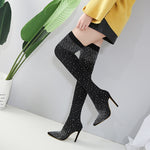 Womens Fine Stretch Mesh Socks Fit Diamante Thigh High Heeled Boots with Bling Rhinestones