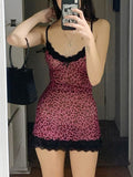 Sexy Skinny Lace Mini Y2K Dress Women Leopard Spaghetti Strap Dress 90