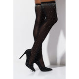 Womens Fine Stretch Mesh Socks Fit Diamante Thigh High Heeled Boots with Bling Rhinestones