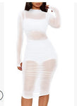 Sets Cami Crop Top + Short Bottom + Long Sleeve Mesh See Through Bodycon Dress 3 Pcs Sets