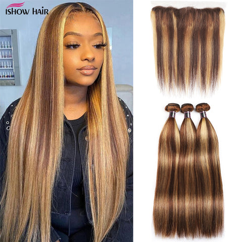 Ishow Highlight Bone Straight Bundles with Frontal HD Lace Frontal Brown Human Hair Bundles with Frontal 3 Bundles with Closure