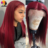 Remyblue 13*1 Burgundy Lace Front Human Hair Wigs 99J Red Malaysian Straight Remy Human Hair Deep Part Wigs Pre Plucked 28 inch