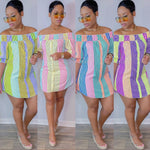 Spring Colorful Striped Print Shirt Dress Sexy Off Shoulde