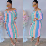 Spring Colorful Striped Print Shirt Dress Sexy Off Shoulde