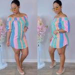 Spring Colorful Striped Print Shirt Dress Sexy Off Shoulde