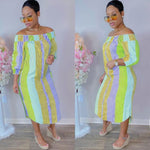 Spring Colorful Striped Print Shirt Dress Sexy Off Shoulde