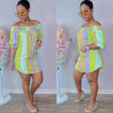 Spring Colorful Striped Print Shirt Dress Sexy Off Shoulde