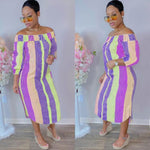 Spring Colorful Striped Print Shirt Dress Sexy Off Shoulde