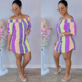 Spring Colorful Striped Print Shirt Dress Sexy Off Shoulde