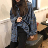 New Female Spring Street Blouse Shirts Vintage Oversized Plaid Flannel