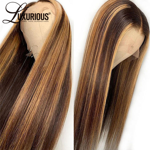 13x6 Lace Front Wig Straight Honey Blonde Brazilian Remy Highlight Ombre Lace Front Human Hair  Bleach Knots
