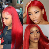 Colored Red Lace Front Wig Human Hair Wigs Straight Lace Frontal Wig 99J Burgundy 180% Pre Plucked Pinshair Brazilian Remy Hair