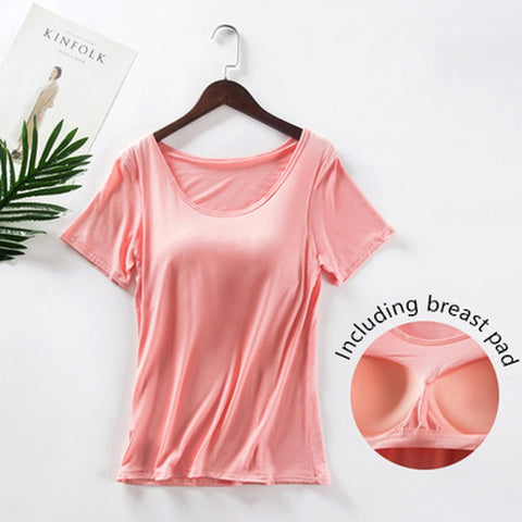 2021 New Women's Home Vest with Bra Cup Half Sleeve Women's Summer Short Sleeve Casual T-shirt Bra Free Integrated Sports Vest
