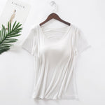 2021 New Women's Home Vest with Bra Cup Half Sleeve Women's Summer Short Sleeve Casual T-shirt Bra Free Integrated Sports Vest