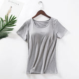 2021 New Women's Home Vest with Bra Cup Half Sleeve Women's Summer Short Sleeve Casual T-shirt Bra Free Integrated Sports Vest