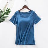 2021 New Women's Home Vest with Bra Cup Half Sleeve Women's Summer Short Sleeve Casual T-shirt Bra Free Integrated Sports Vest