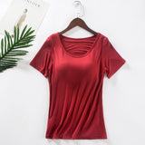 2021 New Women's Home Vest with Bra Cup Half Sleeve Women's Summer Short Sleeve Casual T-shirt Bra Free Integrated Sports Vest