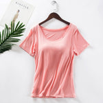 2021 New Women's Home Vest with Bra Cup Half Sleeve Women's Summer Short Sleeve Casual T-shirt Bra Free Integrated Sports Vest