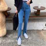 Vintage Blue Split  Jeans Women Tall Waist