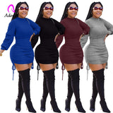 Fitness Women Mini Dress Solid Long Sleeve Skinny Drawstring Workout Activewear