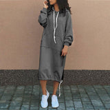 Autumn Winter Warm Hoodie Dress Women Drawstring