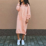 Autumn Winter Warm Hoodie Dress Women Drawstring