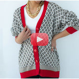 Women Sweater Knitted Houndstooth Cardigan V-neck Jumper