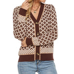 Women Sweater Knitted Houndstooth Cardigan V-neck Jumper