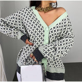 Women Sweater Knitted Houndstooth Cardigan V-neck Jumper