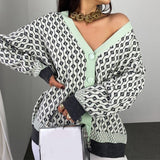 Women Sweater Knitted Houndstooth Cardigan V-neck Jumper