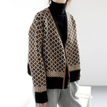 Women Sweater Knitted Houndstooth Cardigan V-neck Jumper