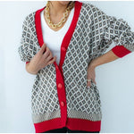 Women Sweater Knitted Houndstooth Cardigan V-neck Jumper