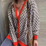 Women Sweater Knitted Houndstooth Cardigan V-neck Jumper