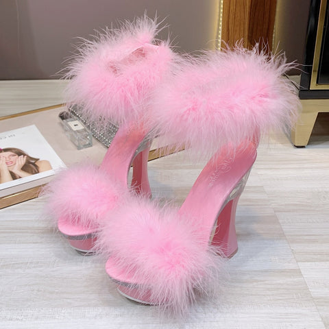 2020 New 4 Color Feather Thick High Heels Platform Sandals Women