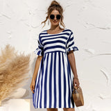 2021 Summer Women A Line Dress Elegant Ruffle Sleeve Striped Patchwork Dresses Loose Solid Short Sleeve Pocket Dress Vestidos