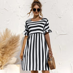 2021 Summer Women A Line Dress Elegant Ruffle Sleeve Striped Patchwork Dresses Loose Solid Short Sleeve Pocket Dress Vestidos