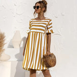 2021 Summer Women A Line Dress Elegant Ruffle Sleeve Striped Patchwork Dresses Loose Solid Short Sleeve Pocket Dress Vestidos