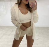 Sale Women Coral Velvet Pajamas Set Sexy Fleece Fluffy 3 Piece Cardigan Crop Tops Shorts Suit Casual Sleepwear Tracksuit Set D30