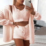 Sale Women Coral Velvet Pajamas Set Sexy Fleece Fluffy 3 Piece Cardigan Crop Tops Shorts Suit Casual Sleepwear Tracksuit Set D30