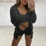 Sale Women Coral Velvet Pajamas Set Sexy Fleece Fluffy 3 Piece Cardigan Crop Tops Shorts Suit Casual Sleepwear Tracksuit Set D30