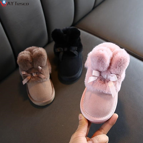 Rabbits Ears Boots Girls Suede Toddler Winter Boots Warm Fur Winter Shoes for Girl Bow Band Baby Snow Boots Kids Footwear C11181