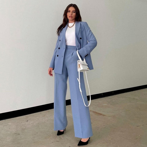 2021 Spring New Two-piece Set Suit Blue Double Breasted Blazer + Casual Straight Trousers