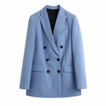 2021 Spring New Two-piece Set Suit Blue Double Breasted Blazer + Casual Straight Trousers