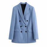 2021 Spring New Two-piece Set Suit Blue Double Breasted Blazer + Casual Straight Trousers